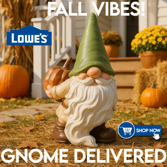 Ten-inch resin gnome with green hat and pumpkin, wood-texture finish, for indoor or porch fall décor.