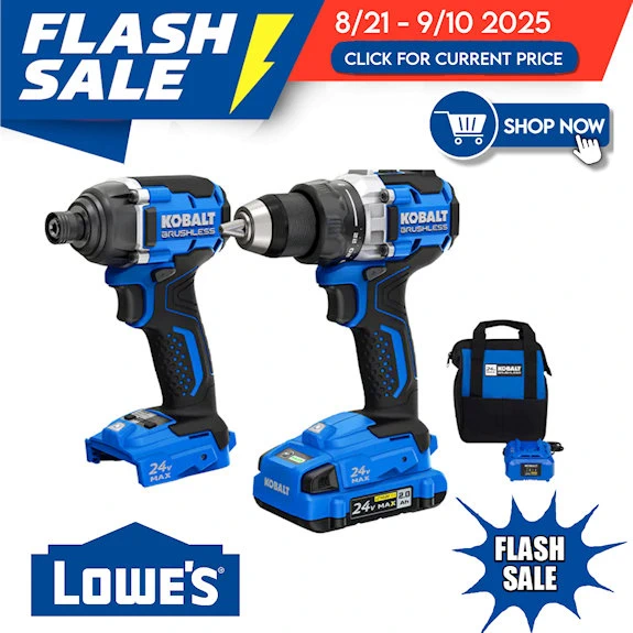 Kobalt 24-V brushless drill/driver and impact driver with 2.0Ah battery, 85-W charger, and blue contractor bag