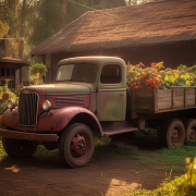 AI illustration features a 1930s truck parked in front of a rustic barn