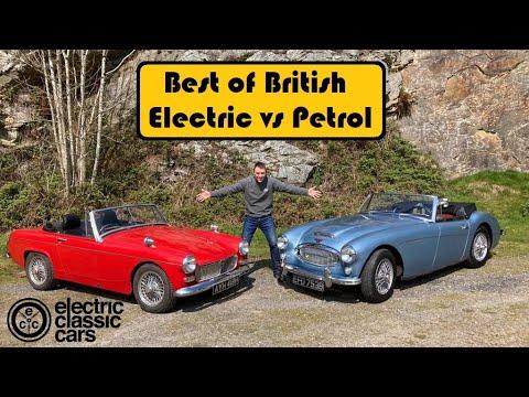 Electric MG Midget vs petrol powered Austin Healey 3000. Classic British sportscar road test. #Video