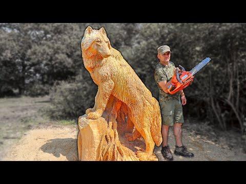 REAL SIZE WOODEN WOLF, Amazing Chainsaw Wood Carving | Vlad Carving #Video