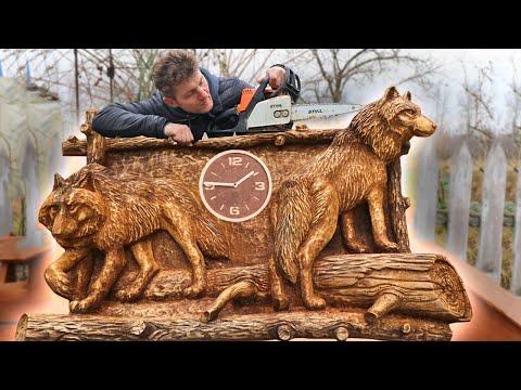 AMAZING CHAINSAW wood carving, WOLVES bas-relief #Video