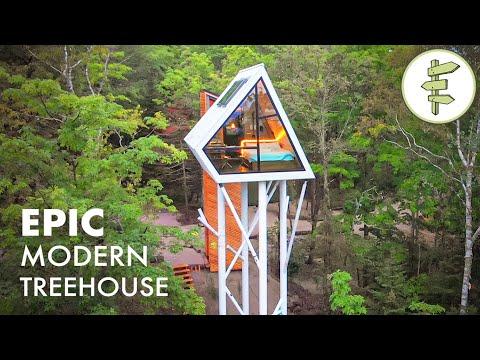 Incredibly Stunning Tiny A-Frame Cabin Perched 40ft in the Air - TREE HOUSE TOUR #Video