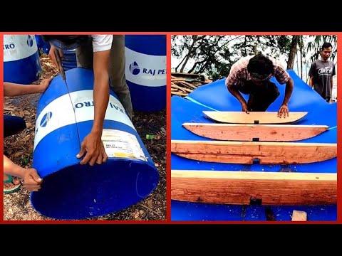Building a Boat with Plastic Barrels and Wood in the Jungle #video