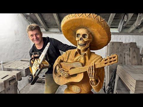 AMAZING CHAINSAW wood carving, Skeleton with Guitar #Video