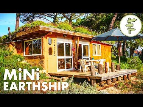 Tiny Earthship Style Cabin Built with Recycled Tires & Green Roof