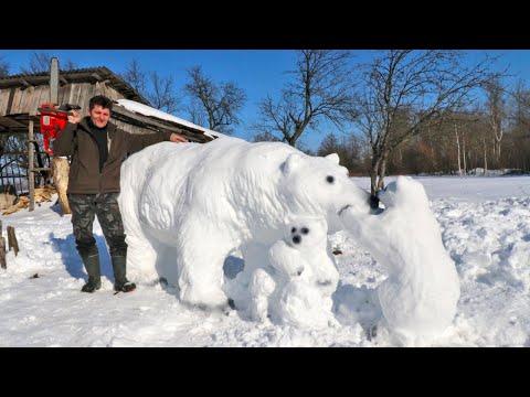 I sculpted a giant POLAR BEAR, snow sculpture for 1 day, Polar bear family #Video