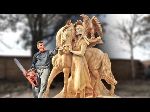 AMAZING CHAINSAW wood carving, Native American girl with horse and eagle. Vlad Carving #Video
