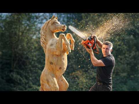 REAL SIZE WOODEN HORSE, amazing chainsaw wood carving | Vlad Carving #Video