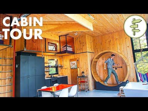 Off-Grid Cabin with Energy Wheel, Floating Bed & Indoor Climbing Wall